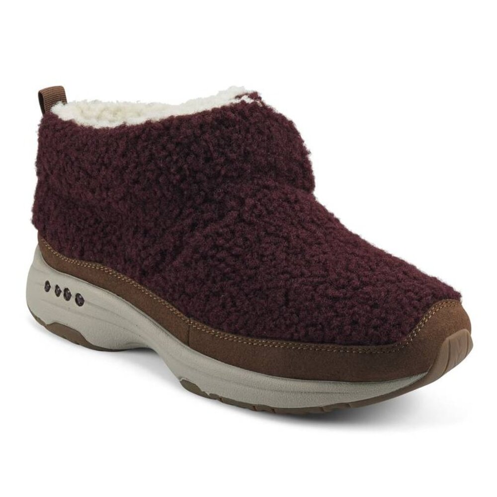 Easy Spirit Women's Burgundy Sherpa Ankle Bootie with Brown Trim